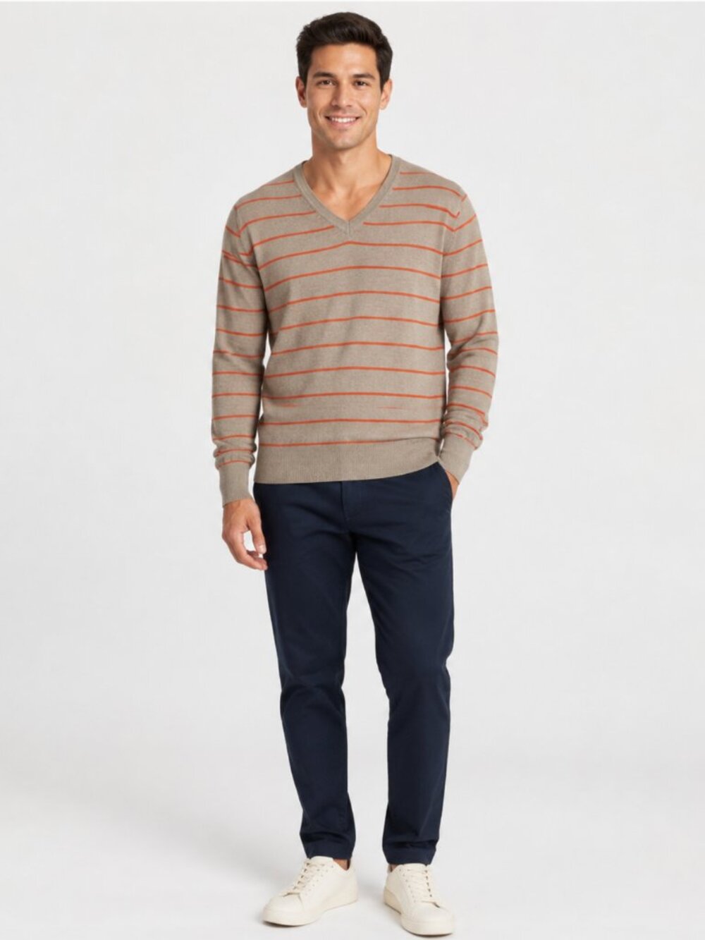 Armani Exchange Cotton Cashmere Tan Orange Striped V-Neck Sweater Size M